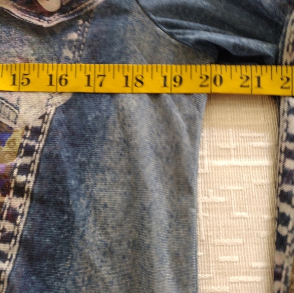 John Mark Top Womens Sz S Sheer Mesh Faux Denim Jacket Full Zip Trompe L’oeil - Picture 9 of 10